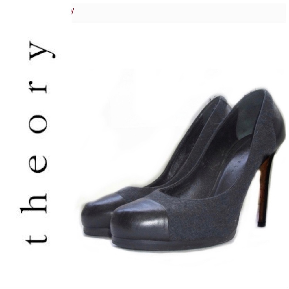 THEORY Grey Wool Leather Platform Tribtoo Heels